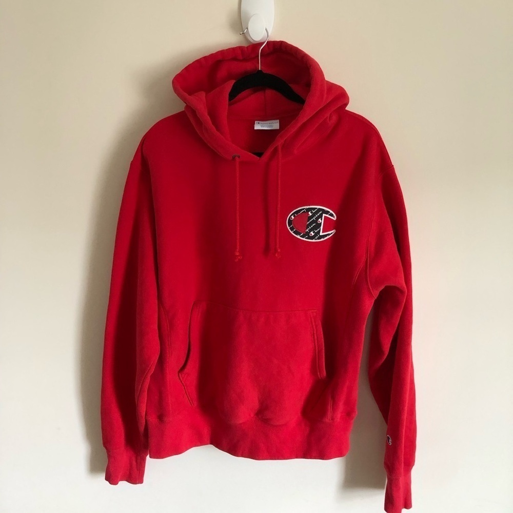 Champion Reverse Weave Red Classic Logo Hoodie Men’s size Large EUC